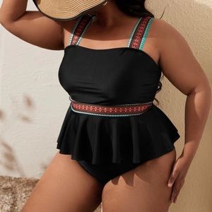 SHEIN Plus Geo Tape Ruffle Hem Bikini Swimsuit 2X